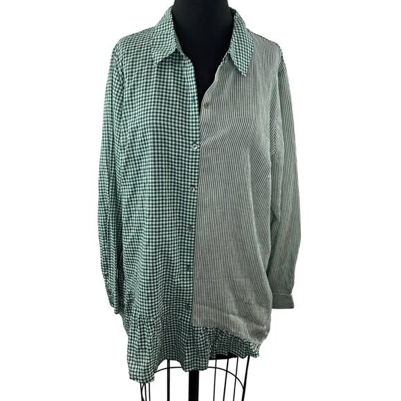 LOGO by Lori Goldstein Green White Gingham Stripe Ruffle Hem Button-Down Shirt L - Picture 1 of 6